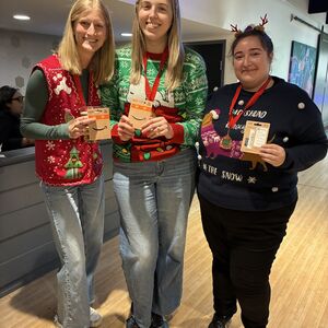 ugly sweater contest winners Bella Allen, Brooke Bowman, and Natividad Lupianez Corpas